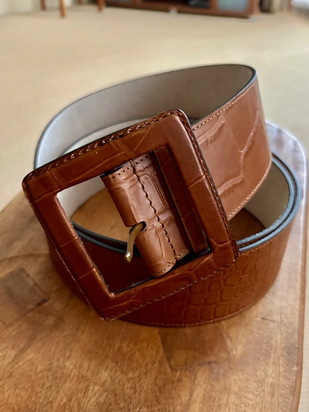 Chico's Croc-Embossed Wide Full Grain Brown Leather Belt with Square Buckle - XL